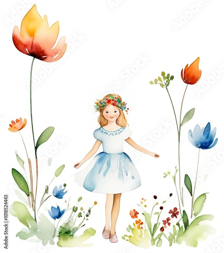 a little girl standing in a field of flowers Watercolor illustration