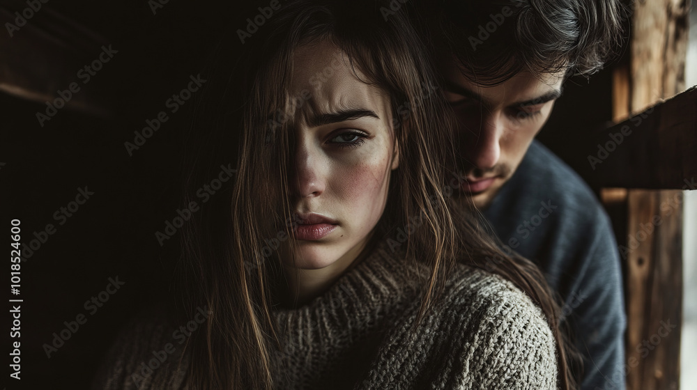 A couple against the background of an old wooden room, their faces reflect calmness and trust, showing the strength of their mutual feelings. A couple against the background of an old wooden room, their faces reflect calmness and trust, showing the strength of their mutual feelings.