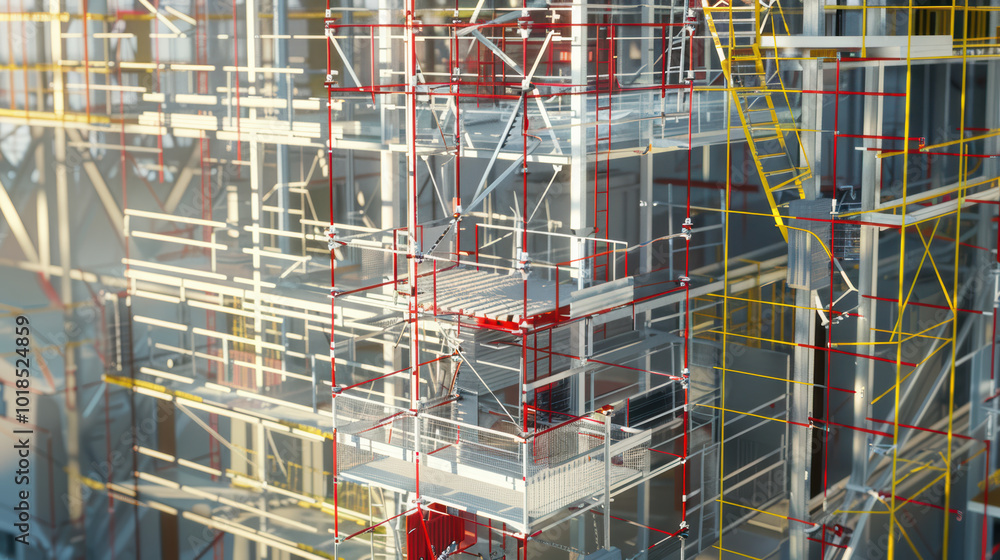 Scaffolding structure in construction site showcasing intricate details and vibrant colors. image captures complexity and organization of construction elements, evoking sense of industrial progress Scaffolding structure in construction site showcasing intricate details and vibrant colors. image captures complexity and organization of construction elements, evoking sense of industrial progress