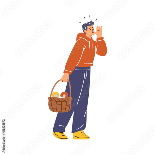 Man with basket of mushrooms get lost in wilderness, screams trying to call for help, vector disoriented mushroom picker