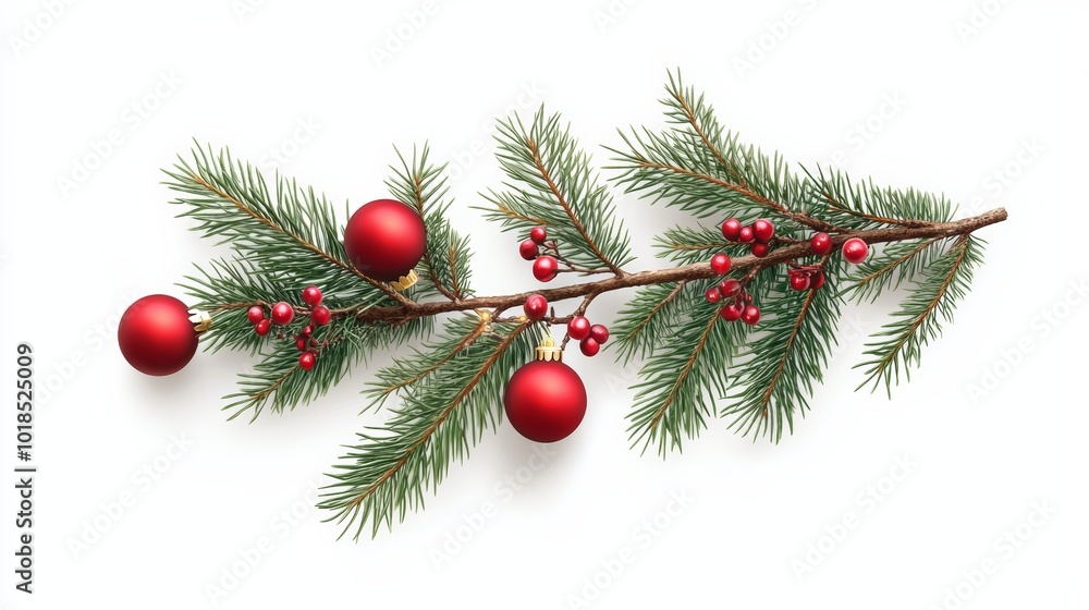 Realistic Christmas tree branch with red baubles and lights, isolated on a white background Realistic Christmas tree branch with red baubles and lights, isolated on a white background