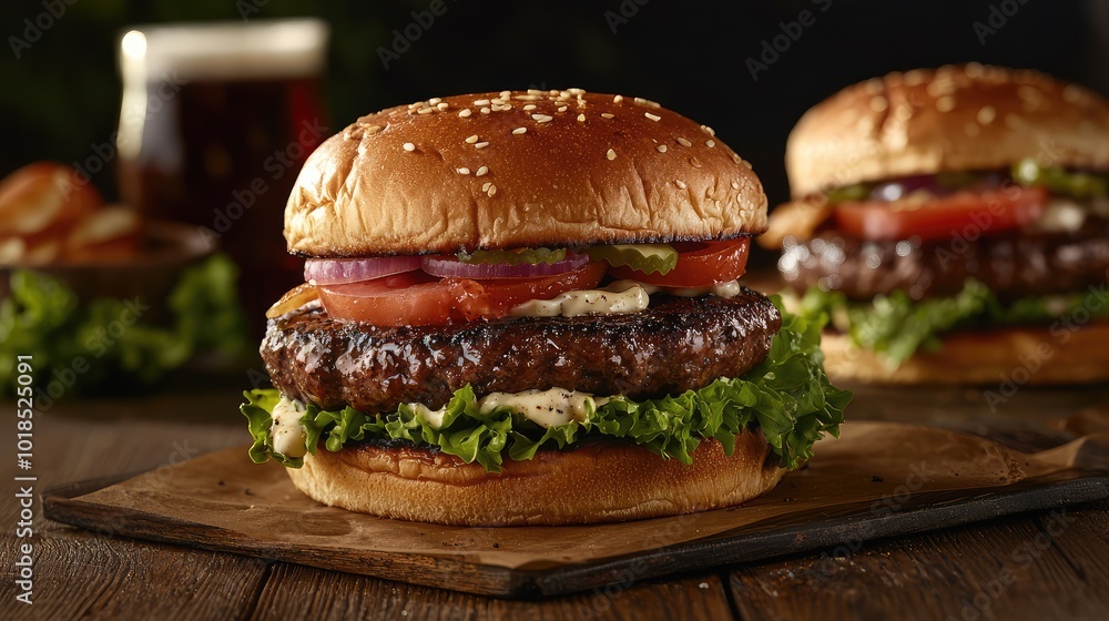 Delicious burger with lettuce, tomato, and onion on a sesame seed bun, perfect for a mouthwatering meal. Delicious burger with lettuce, tomato, and onion on a sesame seed bun, perfect for a mouthwatering meal.