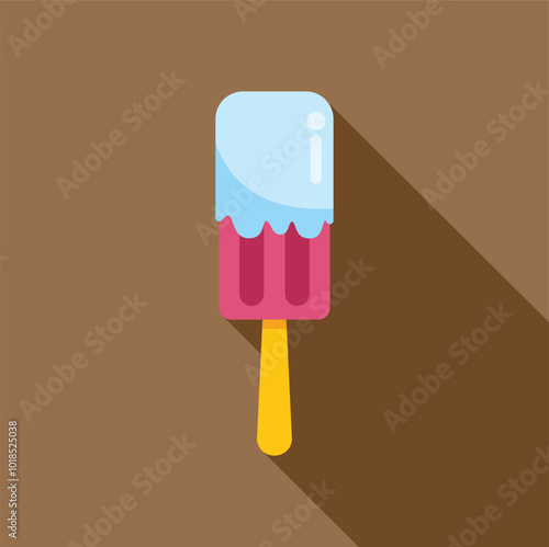 Pink ice cream bar with a bite taken out, covered in white chocolate, melting on a brown background