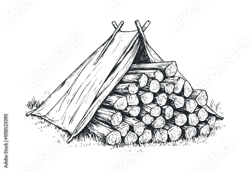 Stacked firewood logs in a rustic arrangement. Vector retro hand drawn illustration.