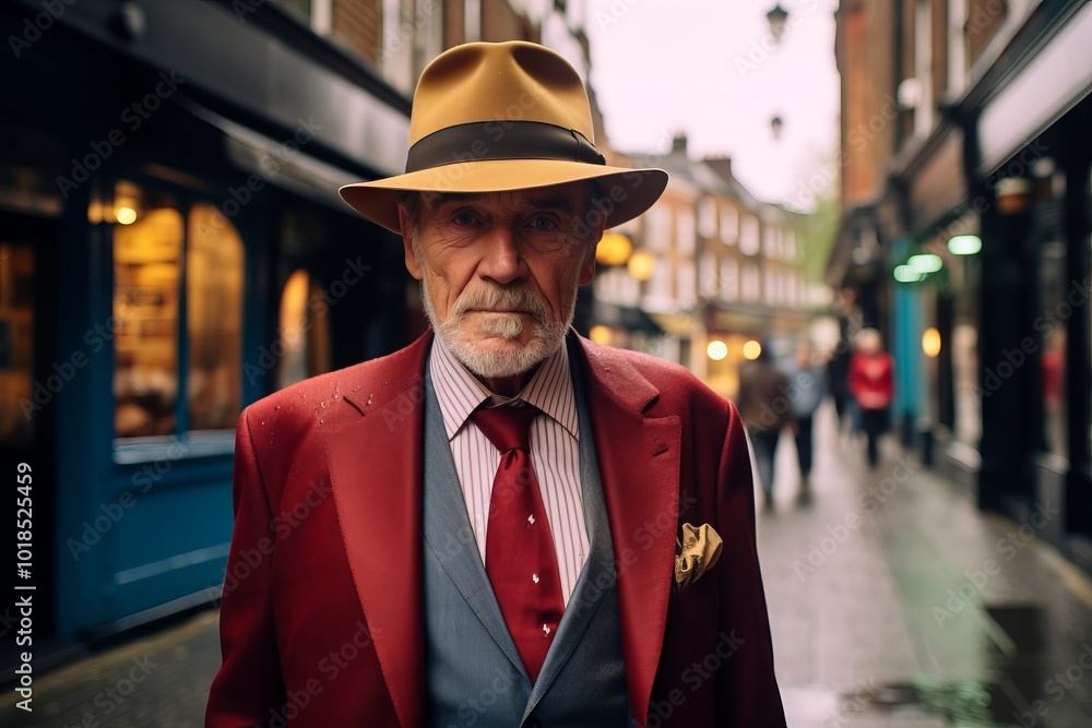 Handsome senior man with gray beard and mustache wearing a red coat and hat walking in the city streets. Handsome senior man with gray beard and mustache wearing a red coat and hat walking in the city streets.