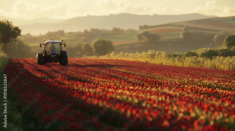 Fototapeta premium A scenic view of a tractor cultivating red flower fields under the warm spring sun, representing the fusion of agriculture and nature in the countryside.