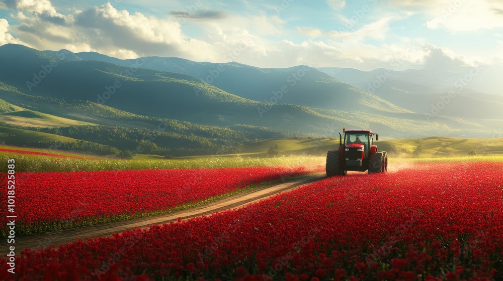 Fototapeta premium A scenic view of a tractor cultivating red flower fields under the warm spring sun, representing the fusion of agriculture and nature in the countryside.