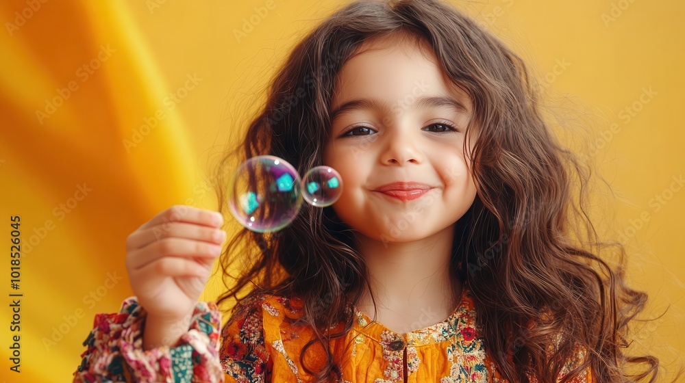 A joyful child holding soap bubbles, showcasing happiness in a vibrant setting with a yellow background. A joyful child holding soap bubbles, showcasing happiness in a vibrant setting with a yellow background.