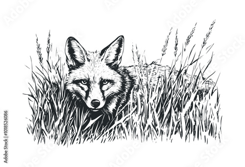 A fox resting in tall grass during daylight hours. Vector retro hand drawn illustration.
