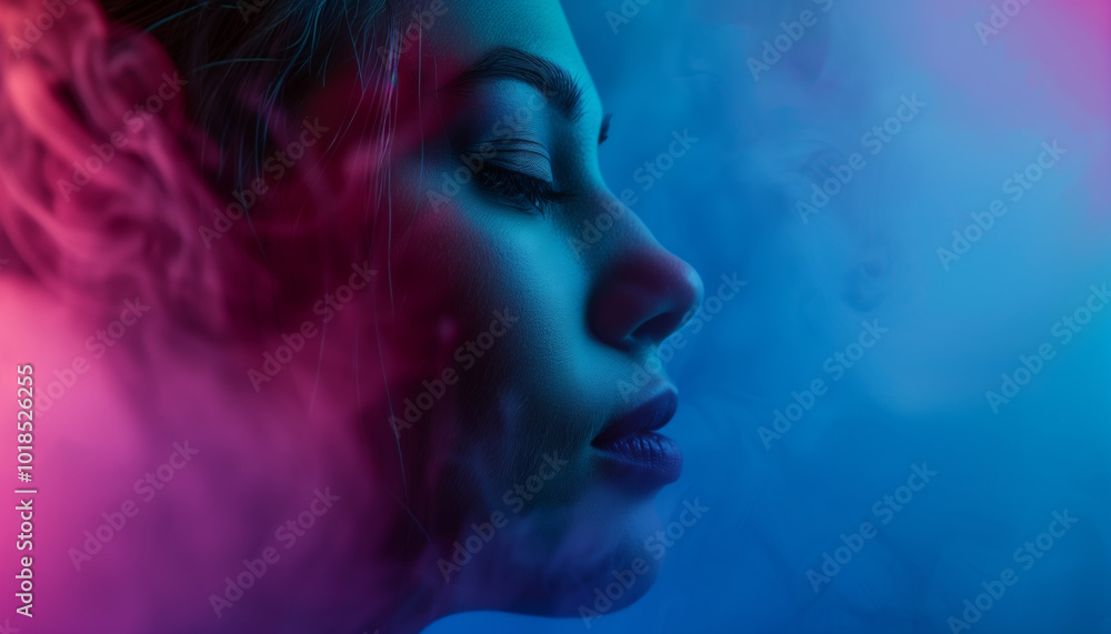 Stunning Abstract Portrait Illustration with Neon Pink and Blue Smoke in a Dreamlike Atmosphere - Perfect for Art Decor and Creative Projects Stunning Abstract Portrait Illustration with Neon Pink and Blue Smoke in a Dreamlike Atmosphere - Perfect for Art Decor and Creative Projects