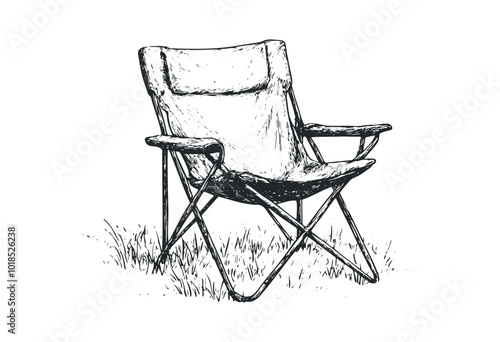 A folding camping chair sits on green grass. Vector retro hand drawn illustration.