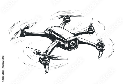 Drone above scenic sunset landscape. Vector retro hand drawn illustration.