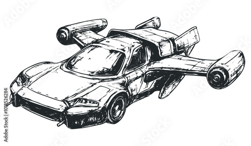 Futuristic flying car design with wings and wheels. Vector retro hand drawn illustration.