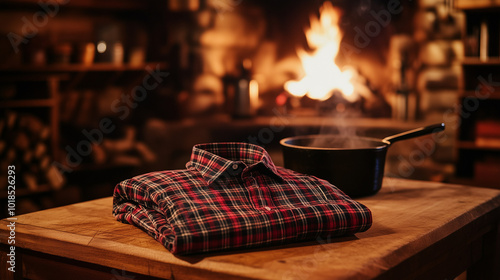 Red plaid flannel shirt folded on wooden table near a cozy fireplace