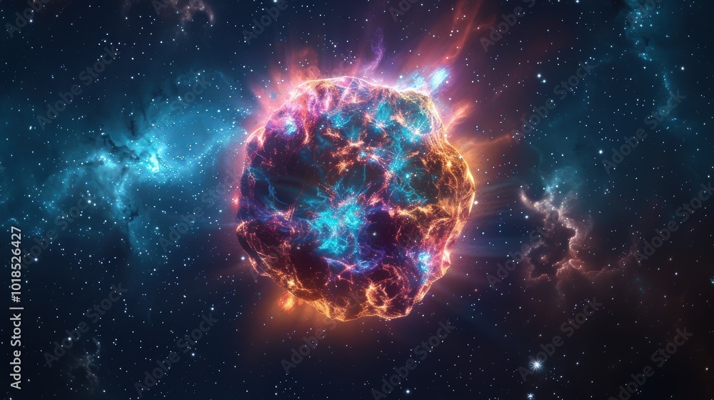 Produce a 3D glowing representation of a supernova explosion in space Produce a 3D glowing representation of a supernova explosion in space