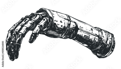 Intricate design of a mechanical robotic arm. Vector retro hand drawn illustration.
