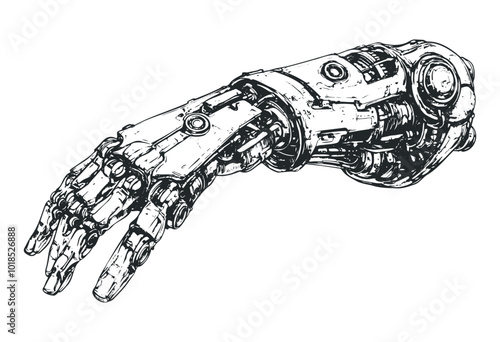Detailed illustration of a robotic hand design. Vector retro hand drawn illustration.