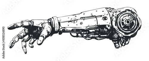 Robotic arm reaching illustration. Vector retro hand drawn illustration.