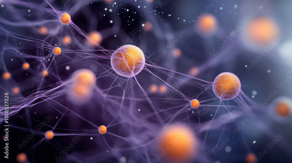 Microscopic image of glowing orange dots connected by fine strands, showcasing intricate cellular structures. vibrant colors and delicate details evoke sense of wonder and exploration Microscopic image of glowing orange dots connected by fine strands, showcasing intricate cellular structures. vibrant colors and delicate details evoke sense of wonder and exploration