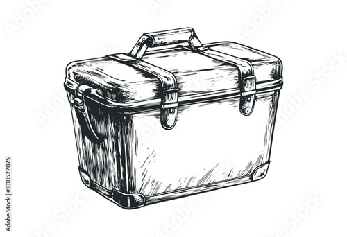 Vintage suitcase resting on a wooden surface. Vector retro hand drawn illustration.