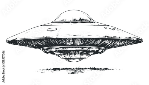 A vintage flying saucer hovering above green grass. Vector retro hand drawn illustration.