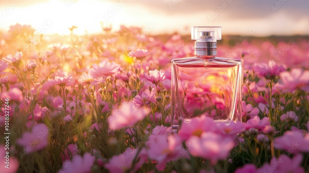 A beautiful glass bottle of perfume sits in a vibrant field of pink flowers, catching the last rays of the setting sun A beautiful glass bottle of perfume sits in a vibrant field of pink flowers, catching the last rays of the setting sun