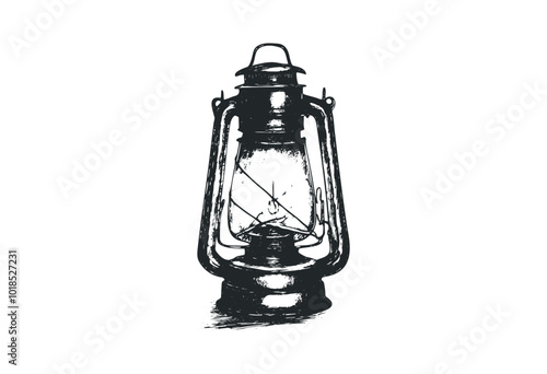 Antique oil lamp illuminating a rustic setting. Vector retro hand drawn illustration.
