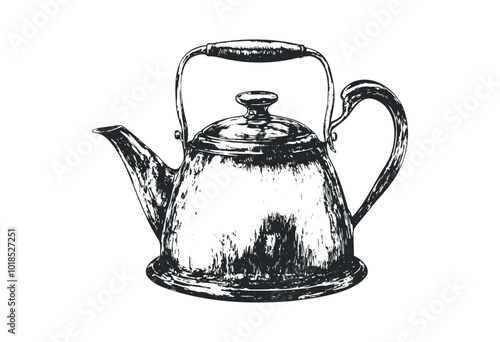 Kettle on wood at sunset. Vector retro hand drawn illustration.
