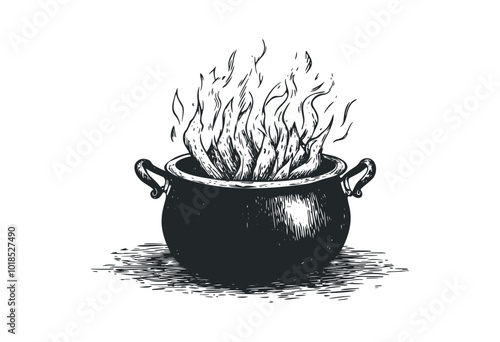 Flames rise from a bubbling cauldron. Vector retro hand drawn illustration.
