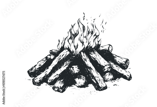 A cozy campfire burning on a cool evening. Vector retro hand drawn illustration.
