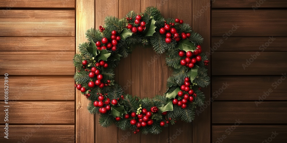 Realistic Christmas wreath with red berries and holly leaves, hanging on a wooden door Realistic Christmas wreath with red berries and holly leaves, hanging on a wooden door