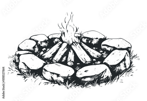 Campfire circle with stones and burning logs. Vector retro hand drawn illustration.