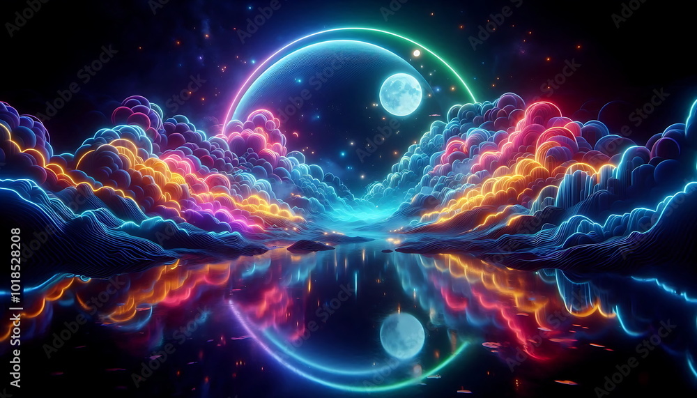 Obraz premium Colorful Landscape with Neon Light, Moon, Clouds, and Sea – Home Décor Poster, Music Cover Art, Nature Background