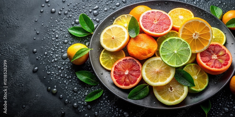 Fresh citrus fruits displayed on a black plate with water droplets , oranges, lemons, lime, citrus, fruits, arrangement, plate