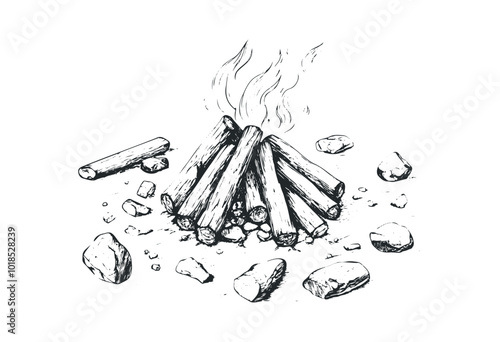 Firewood stacked with stones for a cozy campfire. Vector retro hand drawn illustration.