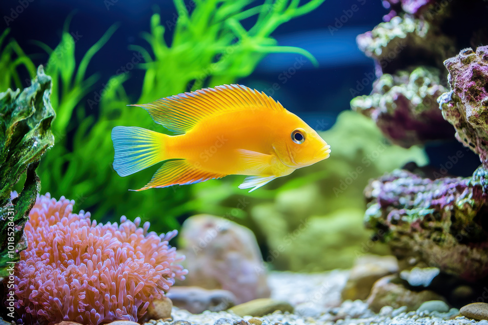 Vibrant yellow fish swimming in a colorful aquarium with coral and plants Vibrant yellow fish swimming in a colorful aquarium with coral and plants