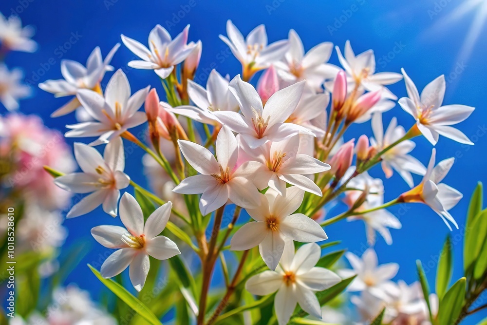 Delicate, star-shaped Nerium flowers bloom on a sunny day, their soft pink and white petals gently swaying in the breeze against a clear blue sky. Delicate, star-shaped Nerium flowers bloom on a sunny day, their soft pink and white petals gently swaying in the breeze against a clear blue sky.