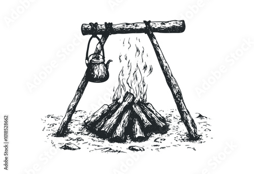 Camping fire with kettle in a rustic outdoor setup. Vector retro hand drawn illustration.