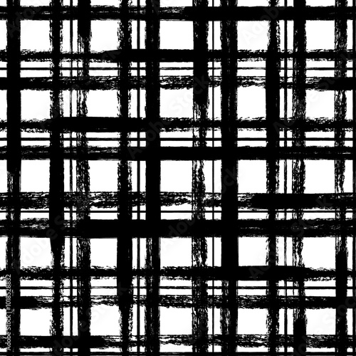 Vector tartan pattern. Seamless black and white brush stroke background. Plaid print with distress texture. Painted ornament for kids. Childish design