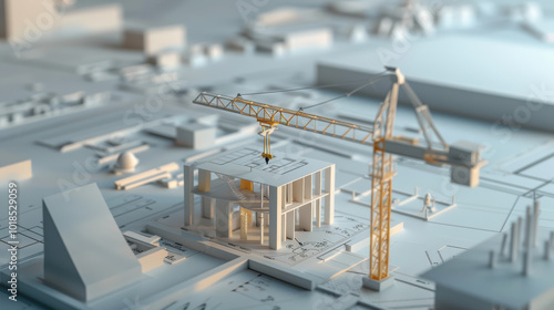 detailed architectural model showcases construction site with crane, emphasizing intricate design and planning involved in building projects. scene captures essence of modern construction