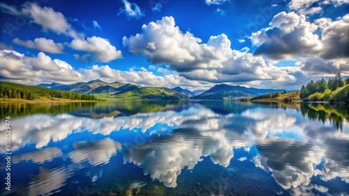 Serene Mountain Lake Reflecting a Stunning Sky with Lush Green Trees