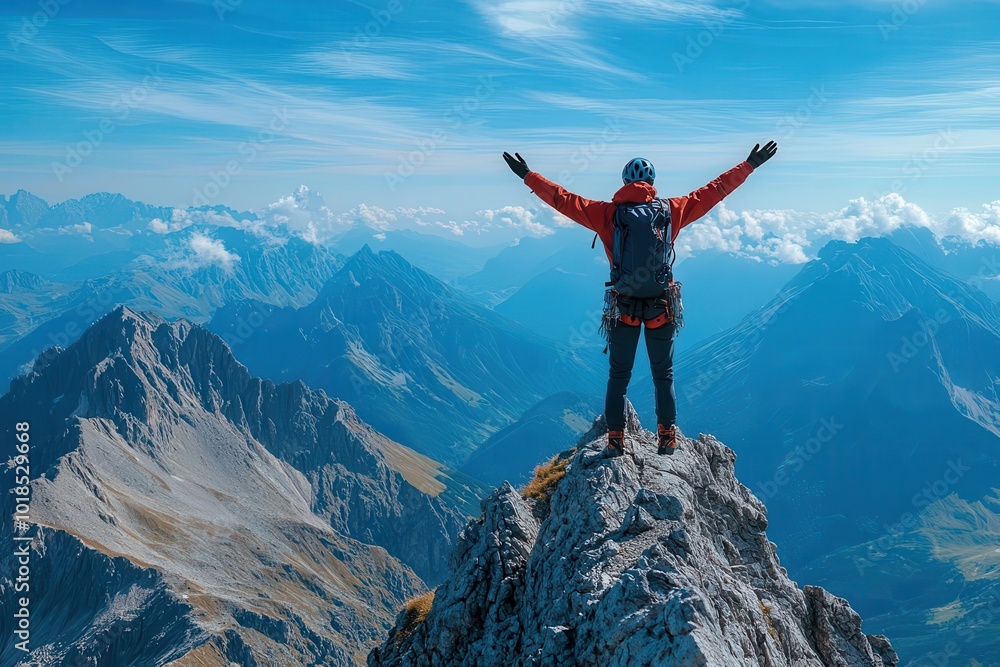 Fototapeta premium joyful individual standing triumphantly on a mountain peak arms raised high against a backdrop of stunning mountain vistas and clear skies