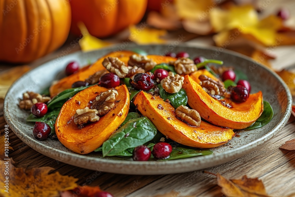 Roasted pumpkin salad with spinach and walnut on a black plate on a old wooden background. Top view Roasted pumpkin salad with spinach and walnut on a black plate on a old wooden background. Top view