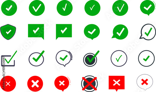 Check mark and X mark icon. Checkmark and x mark icon for apps and websites. Green and red check mark icon on white background - stock vector.