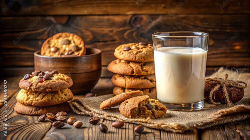Homemade cookies with nuts, chocolate and milk on a wooden table against an art background, perfect for a breakfast scene Homemade cookies with nuts, chocolate and milk on a wooden table against an art background, perfect for a breakfast scene