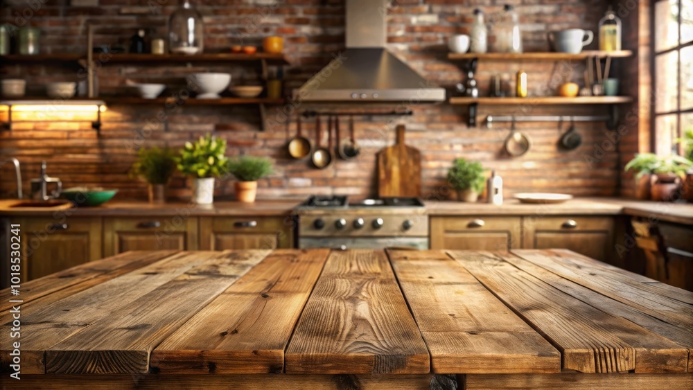 Rustic Kitchen with Wooden Tabletop Ideal for Product Displays Rustic Kitchen with Wooden Tabletop Ideal for Product Displays