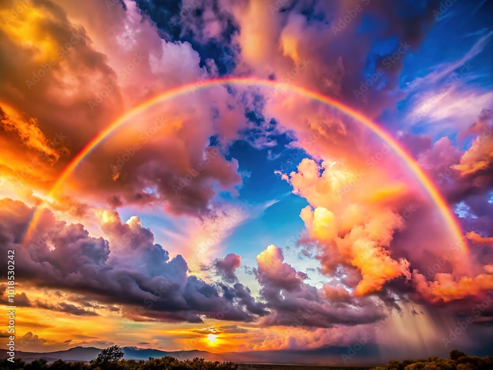 Ethereal clouds glow with a vibrant arc of color, stretching across the sky in a breathtaking display of natural beauty. Ethereal clouds glow with a vibrant arc of color, stretching across the sky in a breathtaking display of natural beauty.