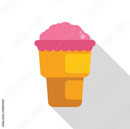 Ice cream dessert served in waffle cup having pink bubbles topping, isolated over white background