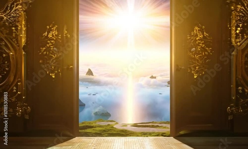 A pair of ornate double doors with gold accents stand open, illuminated by flickering candles.