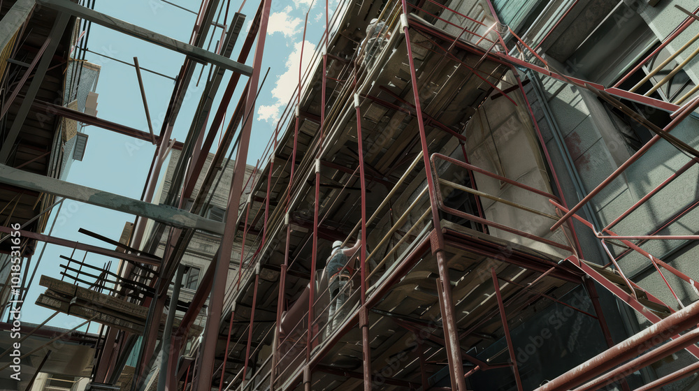 Scaffolding structure on construction site with workers visible, showcasing industrial environment and process of building renovation. scene captures essence of urban development and labor Scaffolding structure on construction site with workers visible, showcasing industrial environment and process of building renovation. scene captures essence of urban development and labor